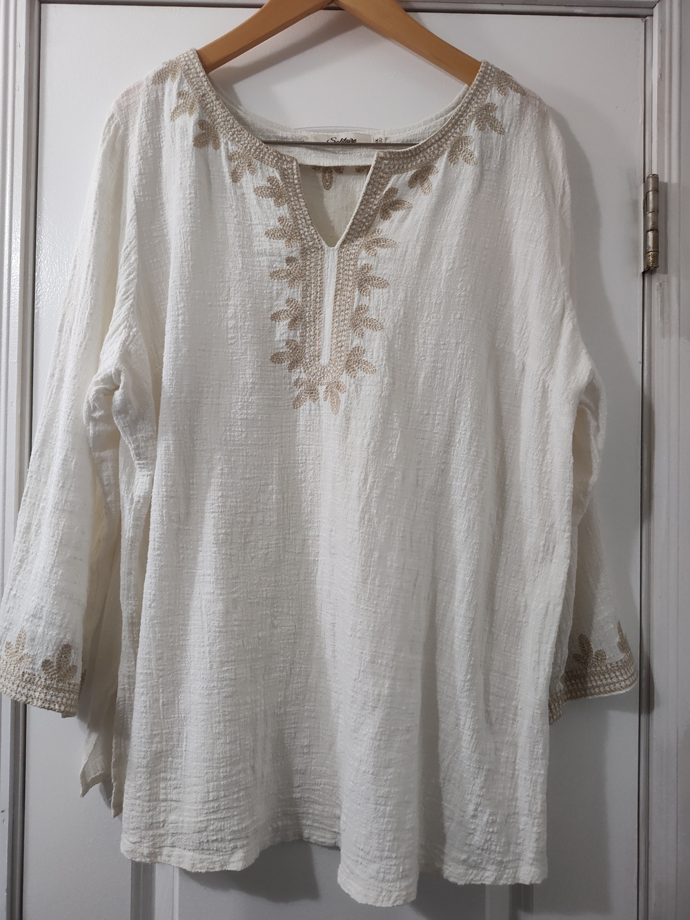 Solitaire Cream Embroidered Split-Neck Tunic Boho Festival Casual Hand Wash